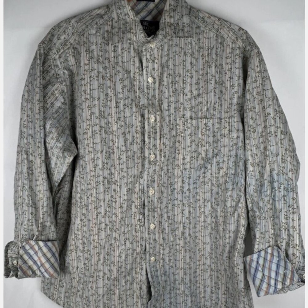 R & G Robert Graham Leaf Striped Flip Cuff Shirt Mens XL Floral Plaid Button Up